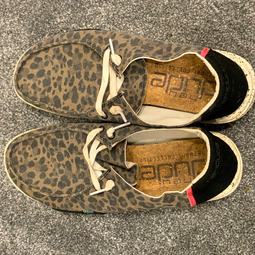 Womens Hey Dude cheetah print slip on shoes